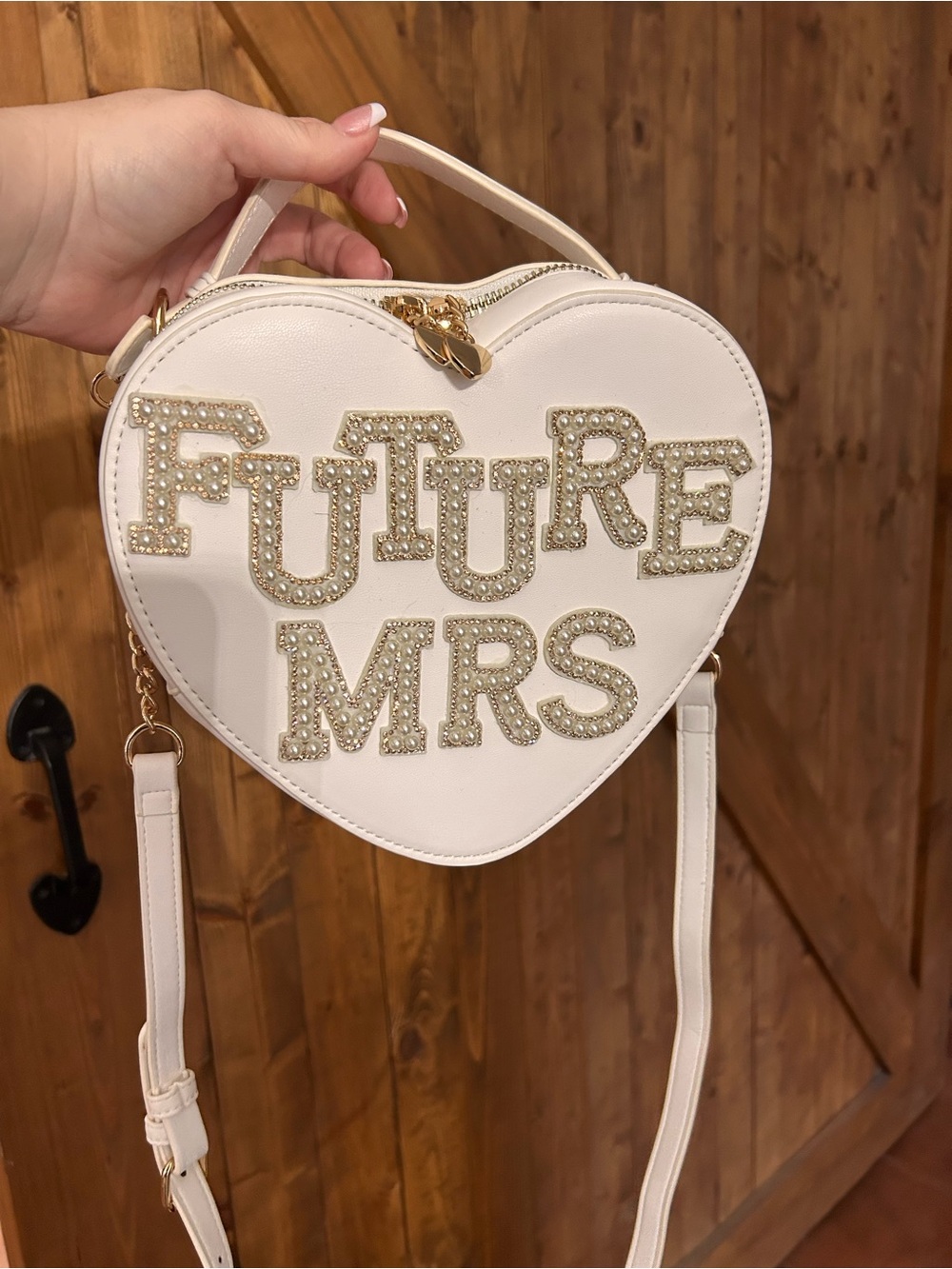 Heart-Shaped 'Future Mrs' Crossbody Bag in white with gold and Pearl Accents